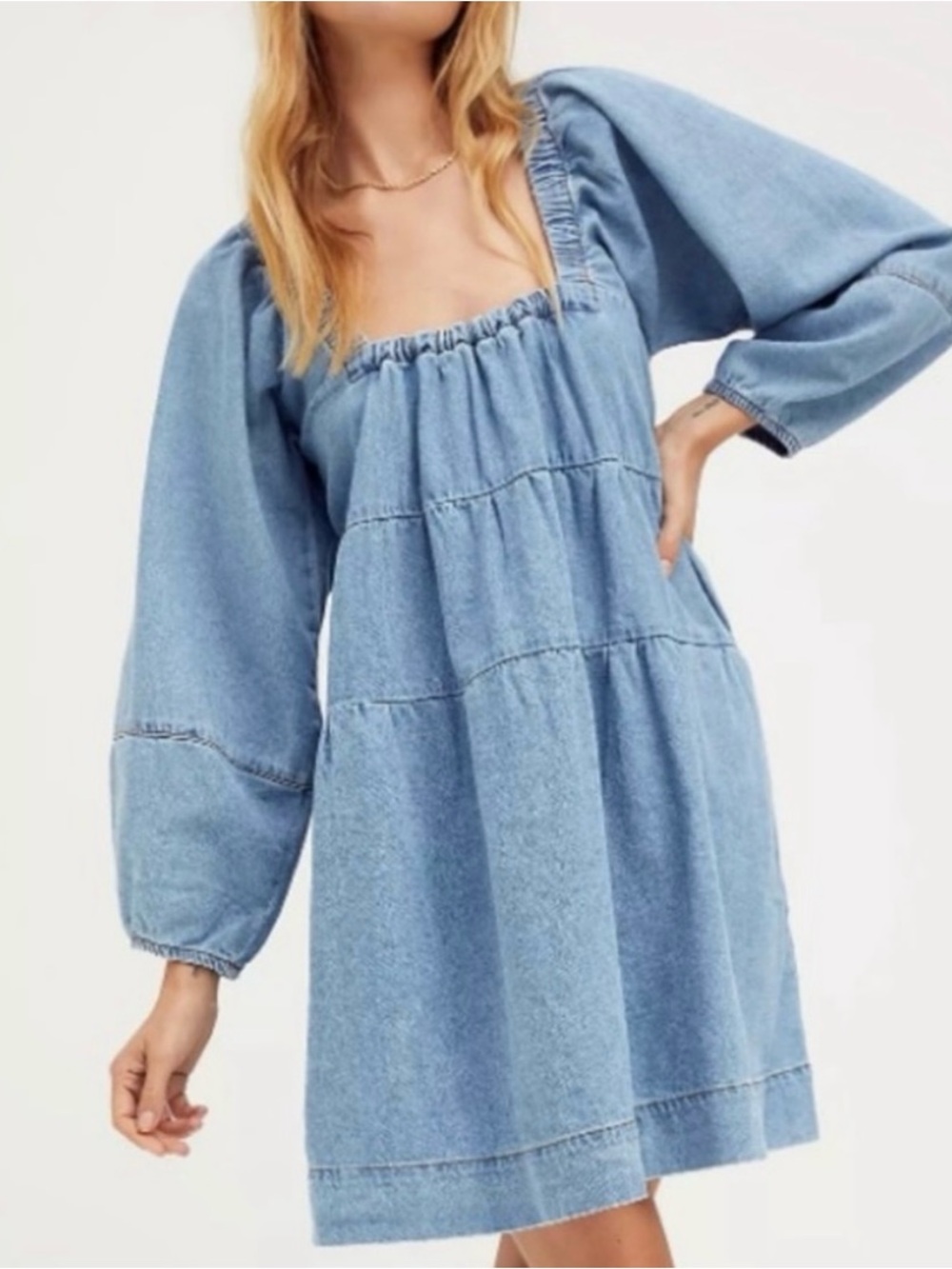 Free People Light Blue Denim Tiered Square Neck Babydoll Dress size small